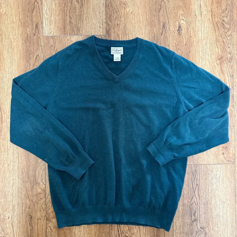 VTG LL Bean Men's‎ Large Dark Green Cashmere Cotton Pullover V-Neck knit Sweater